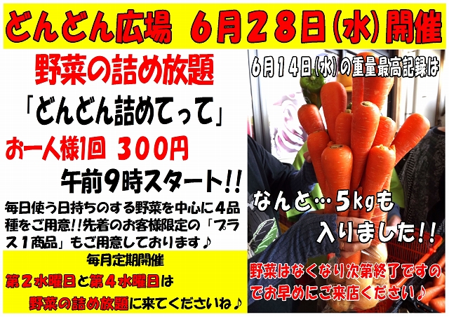 2017年6月28日第4水曜日開催　野菜の詰め放題「どんどん詰めてって」